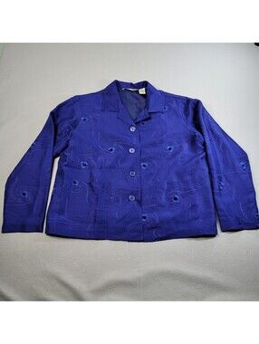 French Laundry Silk Jacket Womens L Large Royal Blue Embroidered Floral Blazer